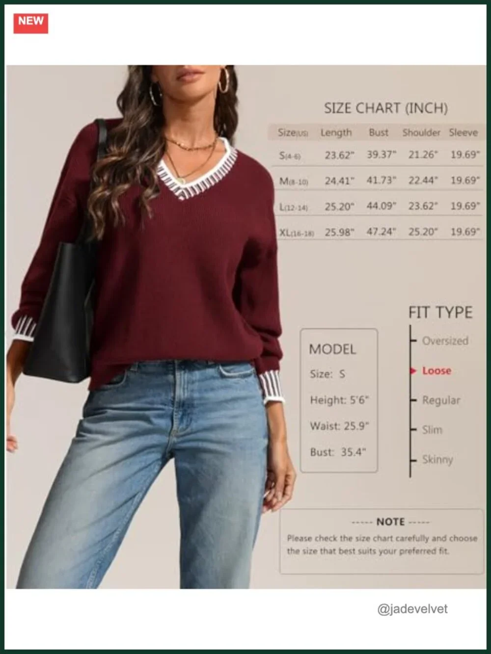 Viscose Blend V-Neck Long Sleeve Chunky Knit Pullover Sweater Color Block